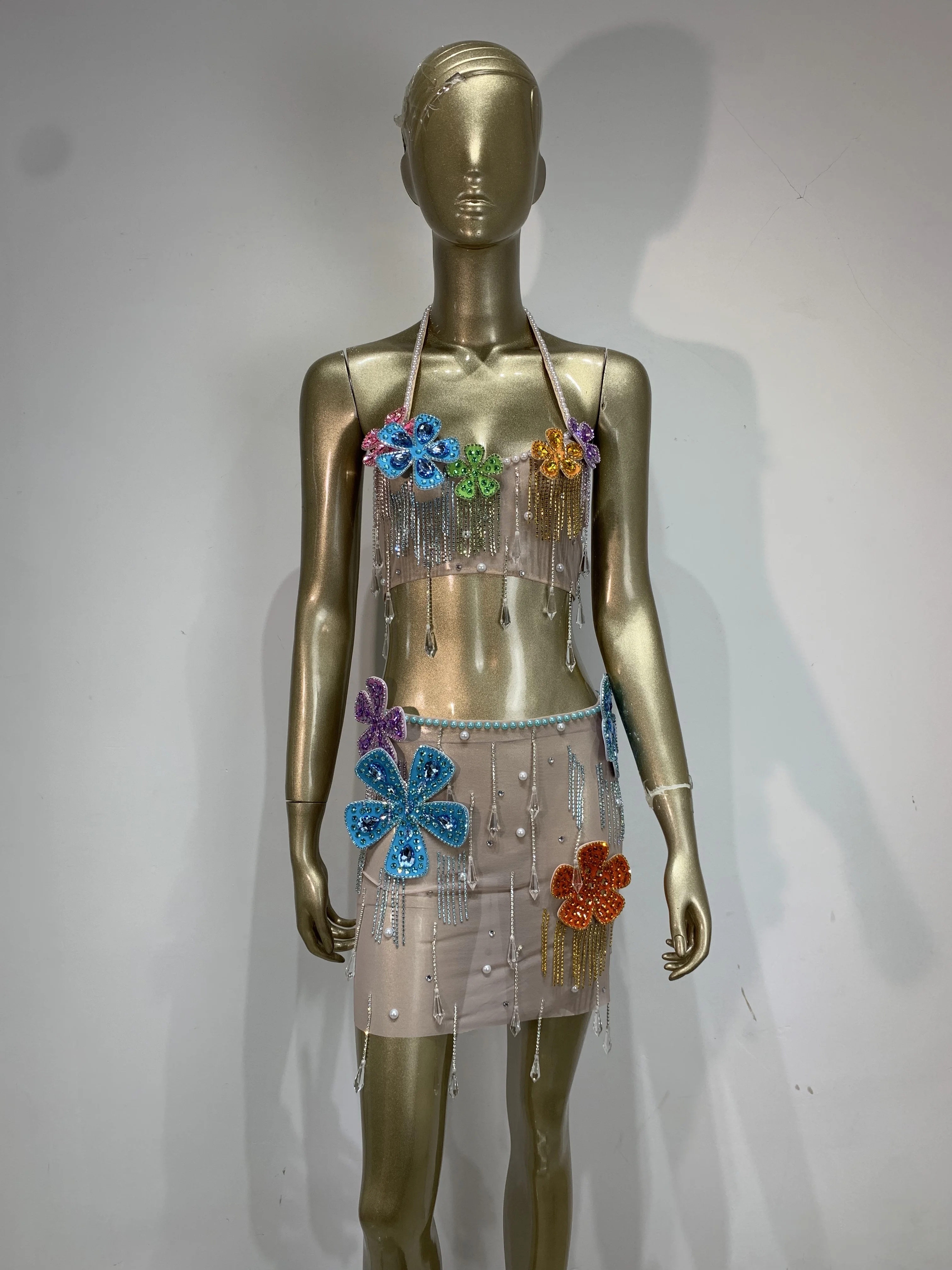 Ensemble deux pièces sexy pour femme, orné de strass et de pampilles, idéal pour la scène, les boîtes de nuit, les chanteuses et les danseuses, en maille transparente, costume de scène de luxe, robe d'anniversaire
