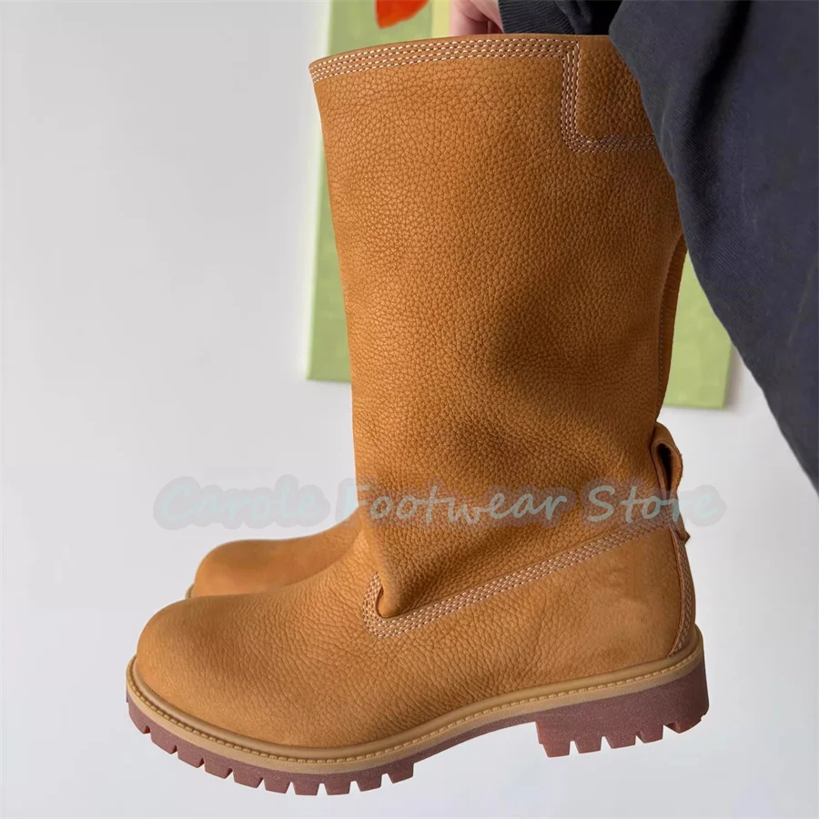 

Retro Round Toe Chunky Heel Heigh Increasing Boots for Men Outside High Top Slip-On Motorcycle Boots Male Western Cowboys Boots