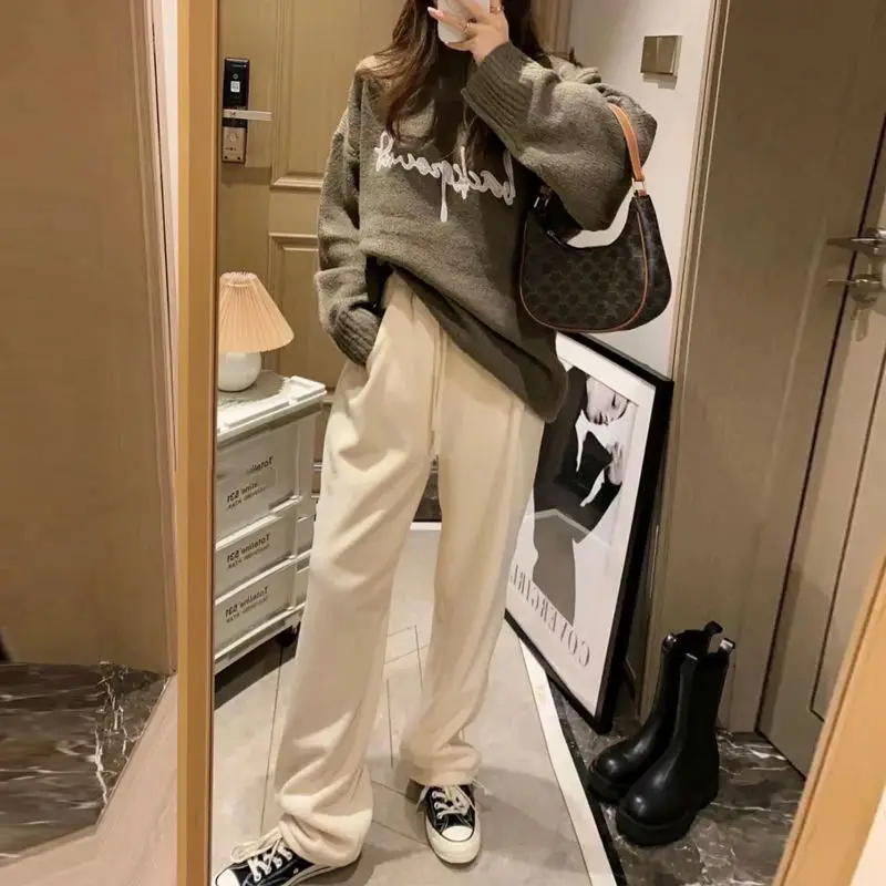 Women Warm Winter Pants Loose Casual Wide Leg Straight Sweatpant Double Fleece Autumn High Waist Warm Thickened Plush Trousers