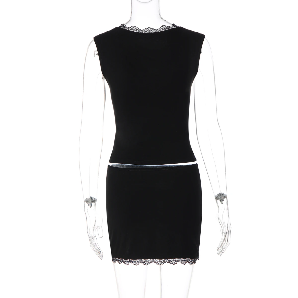 Hugcitar Fashion 2-teiliges Set, schwarz, quadratischer Kragen, Patchwork-Spitze, sexy Crop-Tank-Top, Rock, Sommer-Outfits für Damen, Streetwear, Club – Detail 4