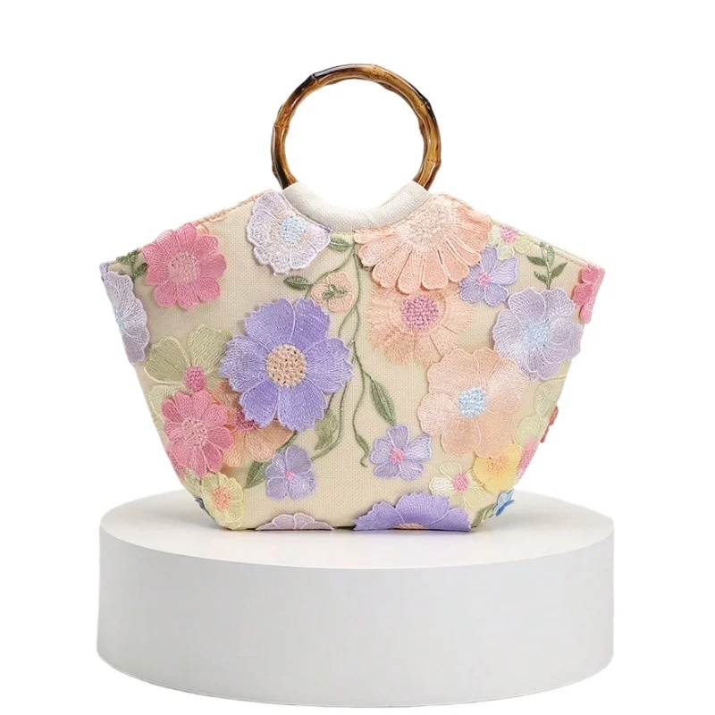 

Летняя сумка для путешествий и отпуска на берегу моря, модная большая сумка с круглой бамбуковой ручкой и блестками с вышитыми цветами