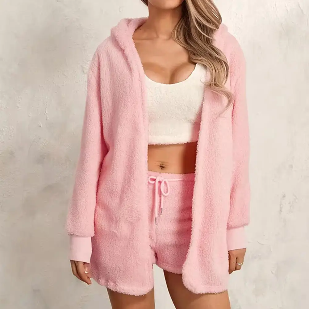 Women Pajama Set Cozy Plush Women's Winter Outfit Set Hooded Jacket Elastic Waist Shorts Warm Homewear Clothes for Fall Season