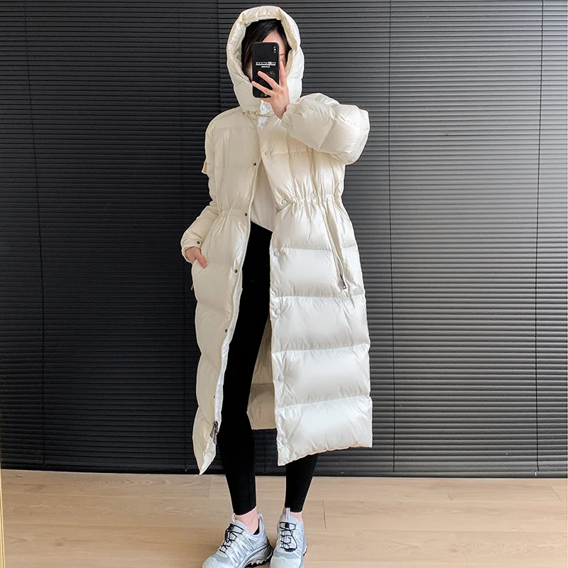 Long Women\'s Winter Down Jacket Slim Waist 90 White Duck Down Luxury Coat 2024 Windproof Rainproof Thick Warm New Outerwear