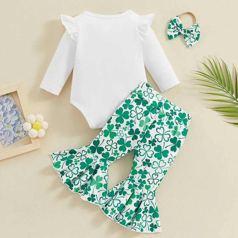 

New Born Infant Baby Girls St Patrick s Day Long Sleeve Romper Clover Printing Flared Pants Headband Outfits Set