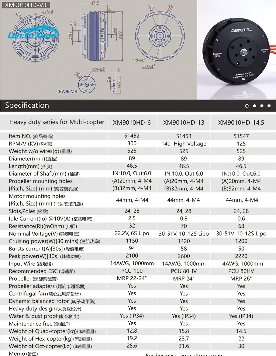 DUALSKY Dual Sky XM9010HD-13 140KV High Voltage Plant Protection Logistics Aerial Photography Dron e Disc Motor