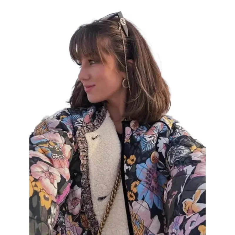 Vintage Floral Printed Cotton Coat Women Fleece Thick Warm Long Sleeve Loose Round Neck Single Breasted Quilted Jacket Women's