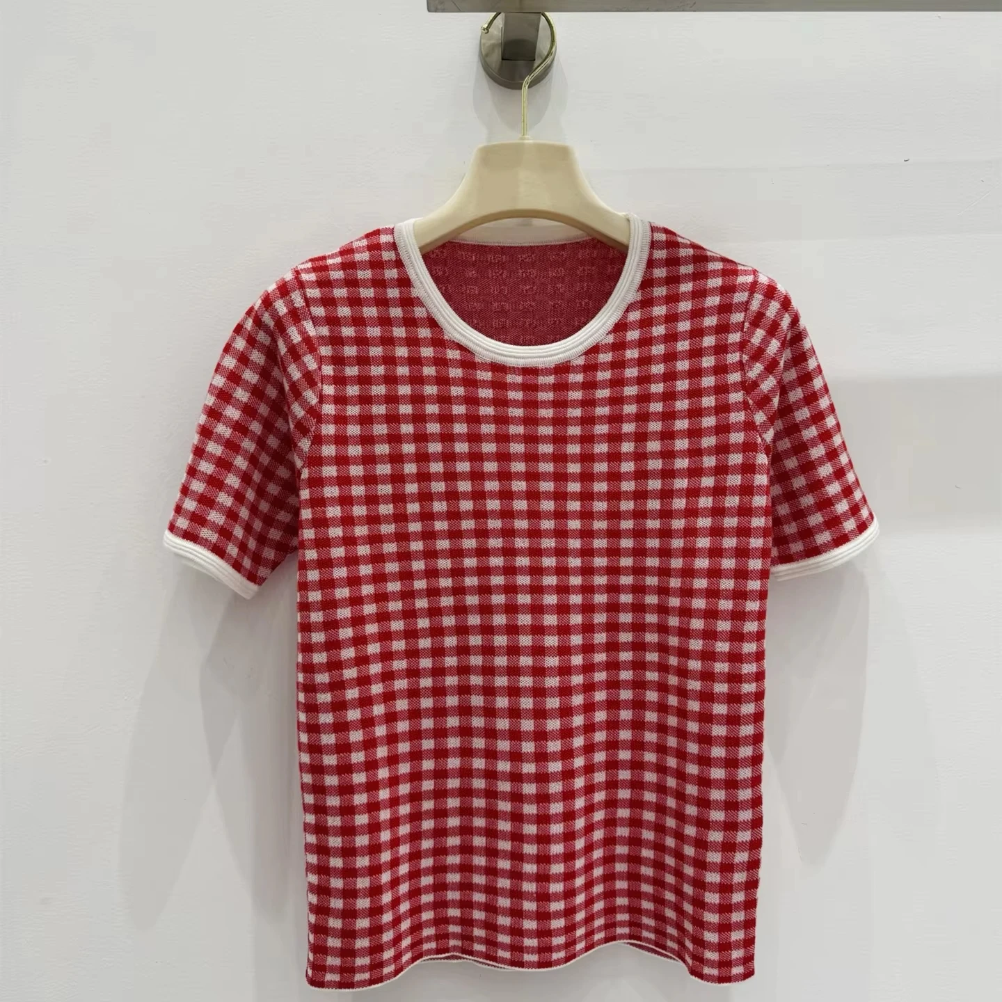 

Designer Brand Spring Summer Plaid O-neck Short Sleeved Knitted Pullovers Classical Sweet Basics Slim Fit Female Clothes