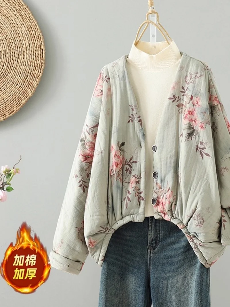 

Стеганое пальто, осень 2024, новинка, ретро хлопок и конопляный принт, новая хлопковая куртка в китайском стиле с рукавами «летучая мышь» для женщин w1006