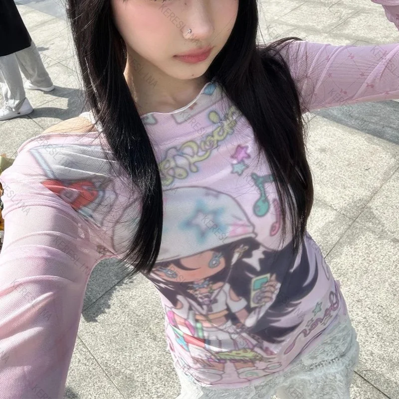 Nuova subcultura millenaria hot girls Y2k Top vintage a maniche lunghe in stile high street fashion, versatile e alla moda