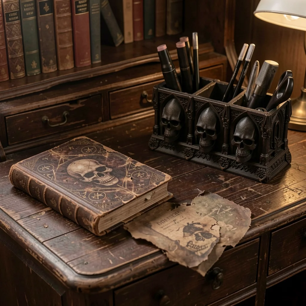 3d Printed Gothic Skull Pen Holder, 3 Compartment Desktop Organizer For Makeup Brushes And Stationery