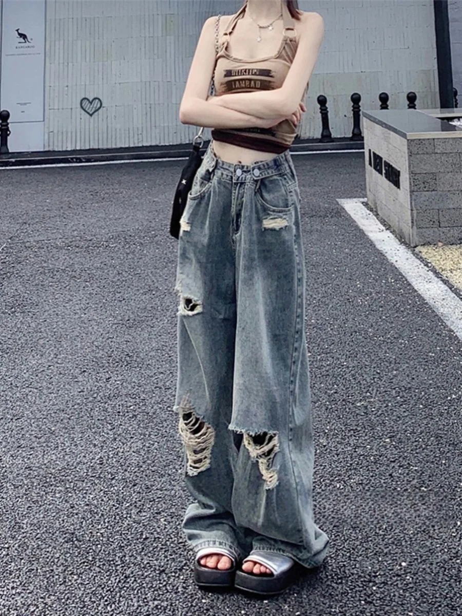 

Мужские джинсы-брюки свободного кроя с высокой талией, прямые, широкие штанины, из денима с эффектом потертости, в стиле ретро-американский, для полных, размер 300, осенние, с охлаждающим эффектом для лета