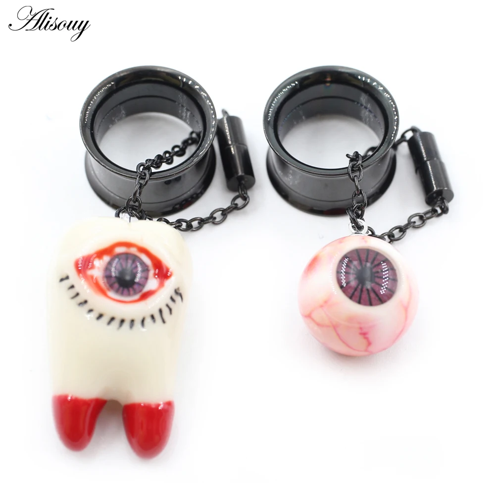 Alisouy 1PC Stainless Steel Chain Tooth Eyeball Pendant Ear Tunnels Plugs Expander Stretcher Gauge Earring Piercing Body Jewelry