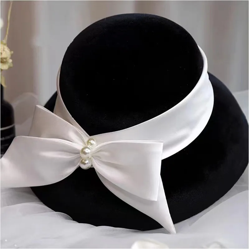 

Women Chapeau Hat With Big Bow Banquet Wedding Fascinator Hat Wide Brim Bow Hat With Clips Fascinator