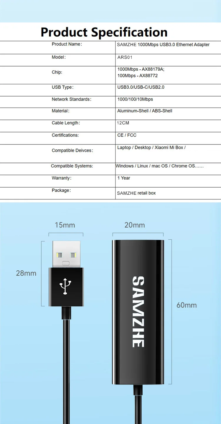 SAMZHE USB-Ethernet-Adapter, USB 3.0 auf RJ45, USB-Hub für Computer, Ethernet-Adapter, Netzwerkkarte, USB, kompatibel mit Xiaomi Mi Box S und Nintendo Switch. – Detail 23