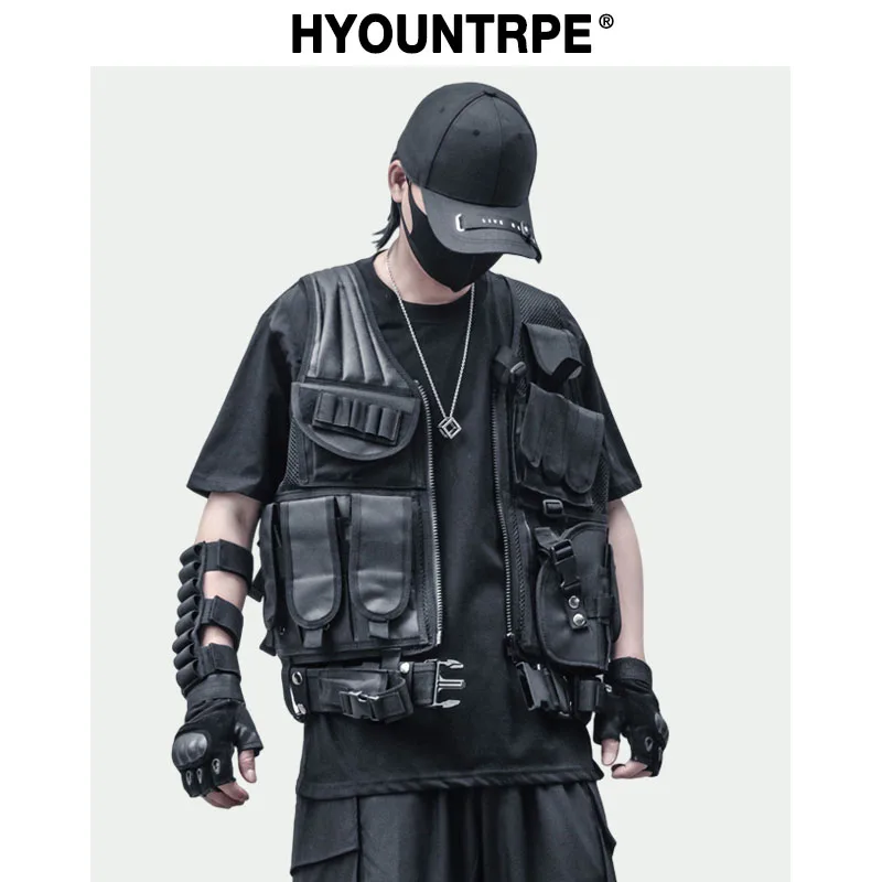 

Hip Hop Sleeveless Vests Mesh Adjustment Cargo Waistcoat with Pockets Zipper Military Jacket Streetwear Tactical Vest Sweatshirt