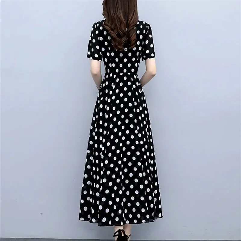 여성용 우아한 시폰 맥시 원피스, 웨이브 포인트 롱 미디 바디콘, 캐주얼 비치 무도회 로브, 2024 여름 드레스