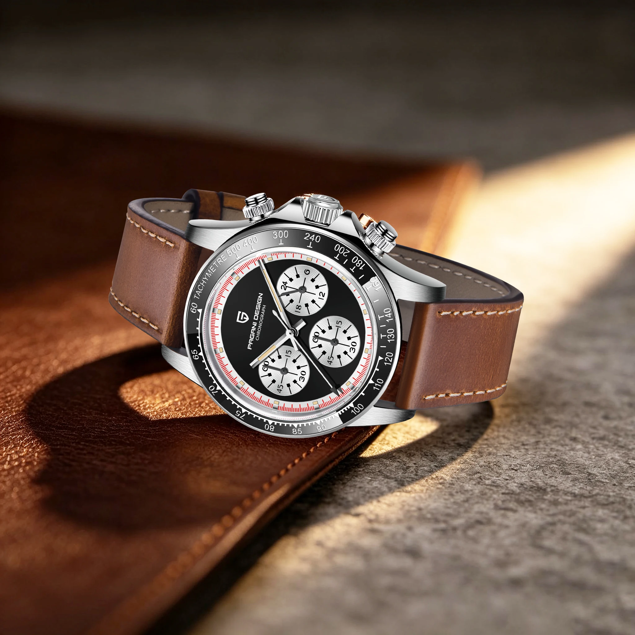 PAGANI DESIGN Vintage Racing Men Quartz Watch Panda Dial Leather Luminous Waterproof Tachymeter Dress Chronograph For Gentlemen view 3