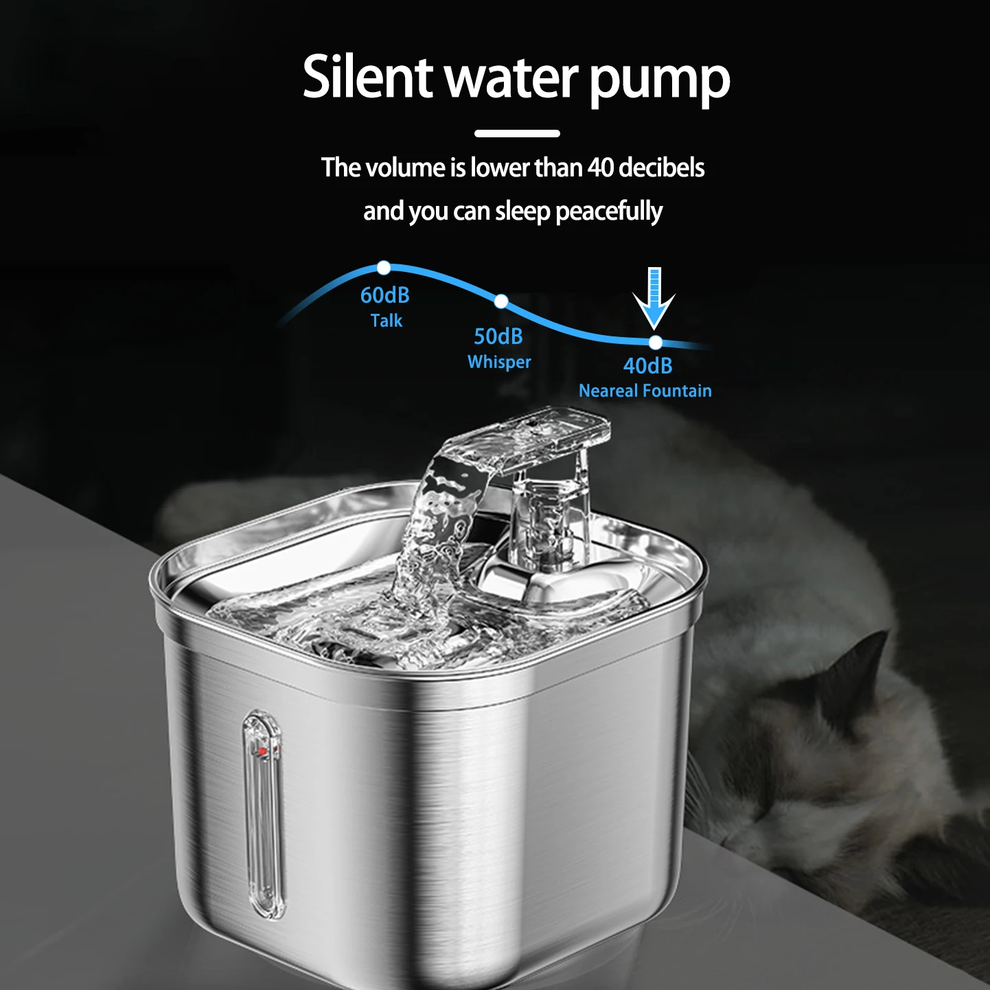 

Stainless Steel Cat Fountain With Water Mark Automatic Cats Water Dispenser Sensor Filter Pet Cat Ultra Quiet Pump Water Foutain
