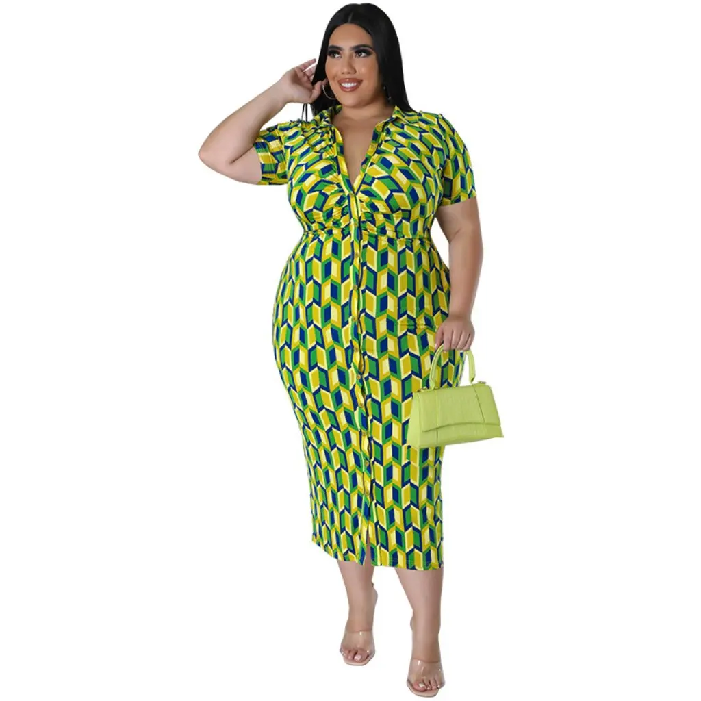 plus Size Women's Button Cardigan Lapel Plaid Short Sleeve Long Dress Style Direct Factory Sales