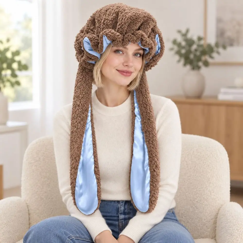New Sherpa Fabric Sleep Hat Soft Fluffy Satin Lining Bunny Ear Beanie Keep Warm Long Ear Flaps Winter Warm Hat
