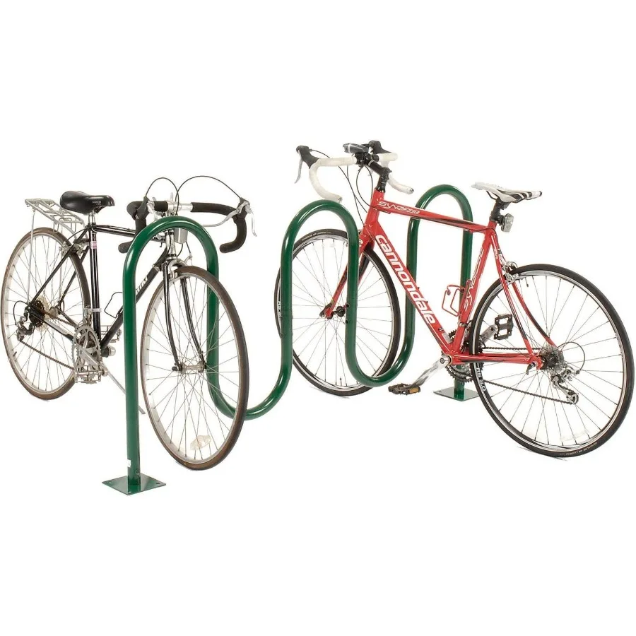 Rack de bicicleta ondulado de 68 L com montagem Fange contém até 7 bicicletas em aço revestido em pó com acabamento verde Rack de bicicleta comercial durável ideal