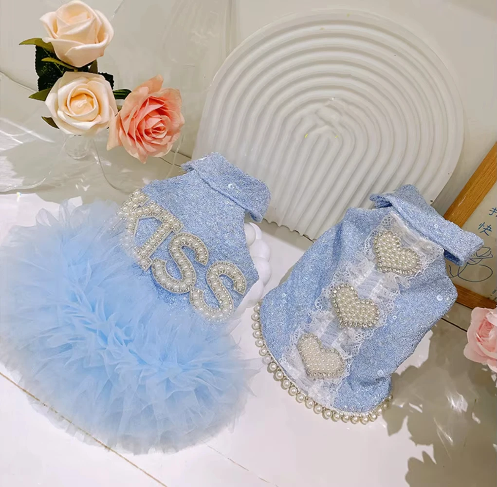 

Spring Summer Puppy Dog Cats Clothing Fashion Sky Blue Pearl Letter Heart Lace Princess Dress For Small Medium Dog Pet Clothes