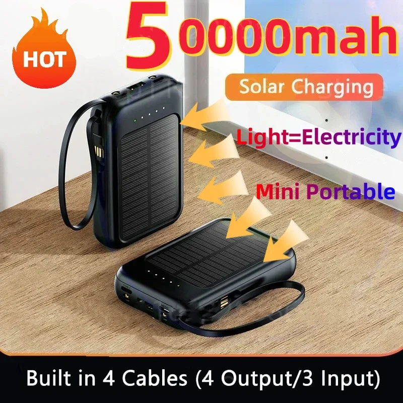 Power bank 50000mah Solar Power Bank Built Cables Solar Charger 2 Usb Ports External Charger Powerbank With Led Light 2024 New