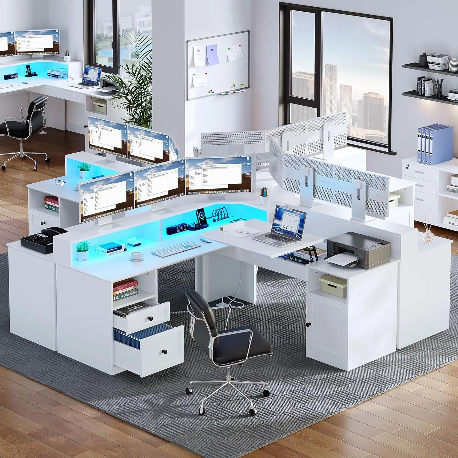 YITAHOME L-Shaped Desk, 60” Computer Desk with Drawers, Power Outlets, Lift Top, LED Lights, Height Adjustable, White.