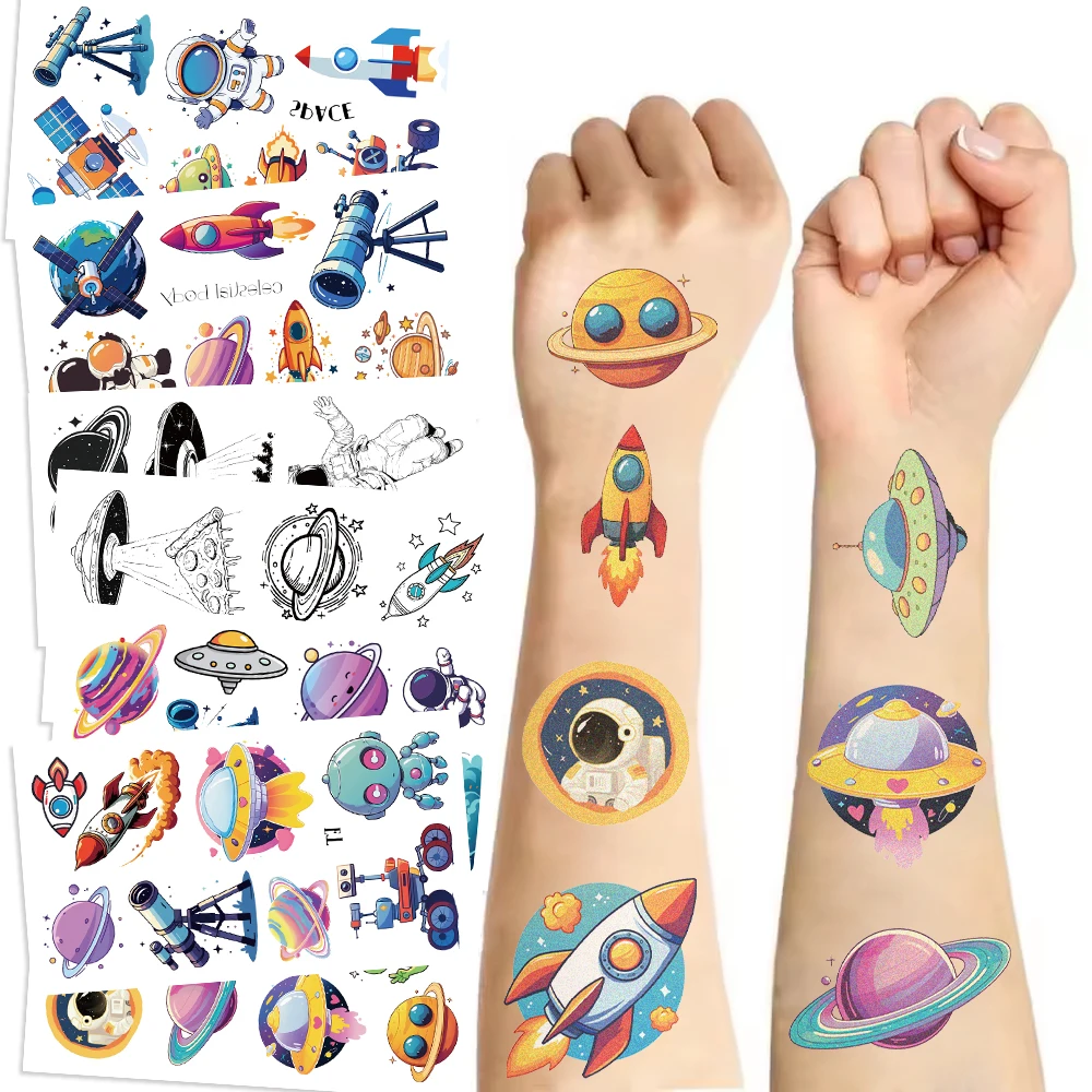 10Sheets/Set Pink Tattoo Stickers Waterproof and Sweatproof Watercolor Space Planet Alien Disposable Temporary Stickers