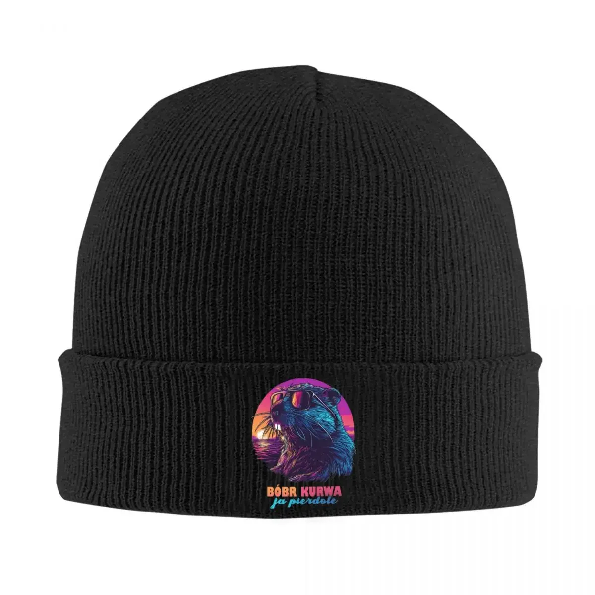 Synthwave Polish Beaver Meme Beanie Hats beaver Funny Caps Men Women Unisex Hippie Knit Hat Autumn Winter Design Beanie Hat