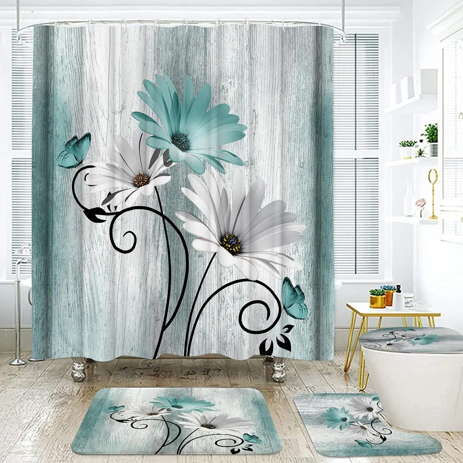 

4PCS Teal Daisy Farmhouse Shower Curtain Set with Mat and Hooks, Waterproof Bathroom Decor 71x71in