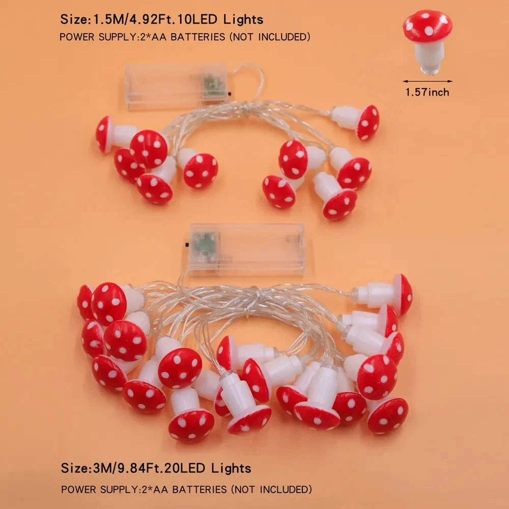 1PC Led Mushroom String Light Battery Operated Red Mushroom Fairy Lamp For Indoor Home Kitchen Christmas Decoration