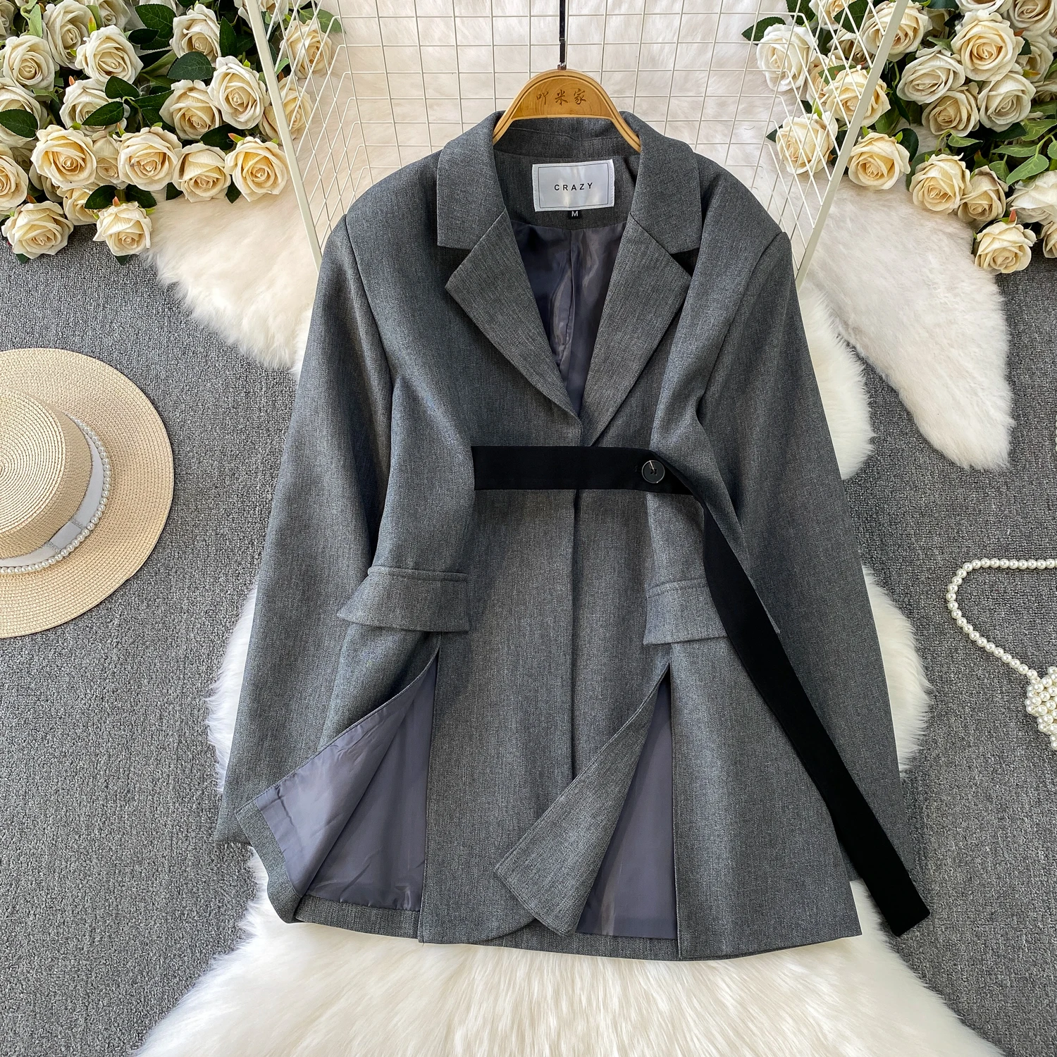 

SuperAen Loose Mid-length Women's Autumn and Winter New Turn-down Collar Lace-up Waist Design Gray Blazer