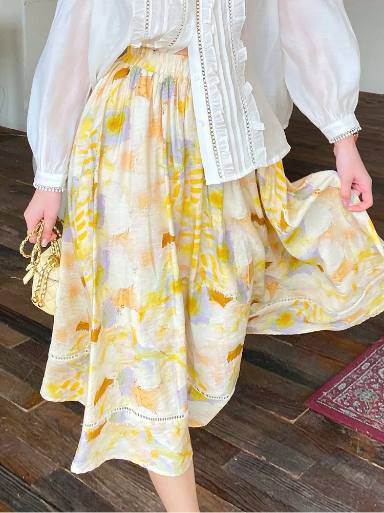 GypsyLady Floral Print Midi Skirt Tiered Yellow Summer Women Long Skirts Ruffles Elastic Waist Holiday Female Ladies Chic Skirt