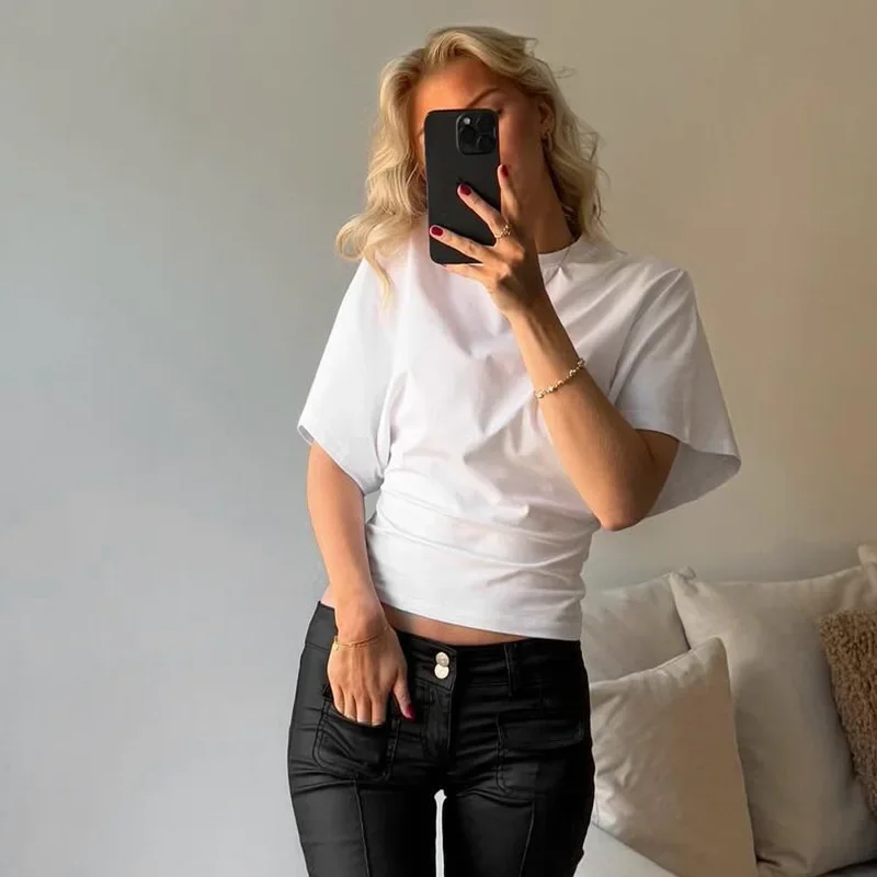

Spring Summer New Crop Tops Fashion Women Half Sleeve O-Neck Oversized Solid Tank Top Casual Sweet Vintage Pleated Chic Tees