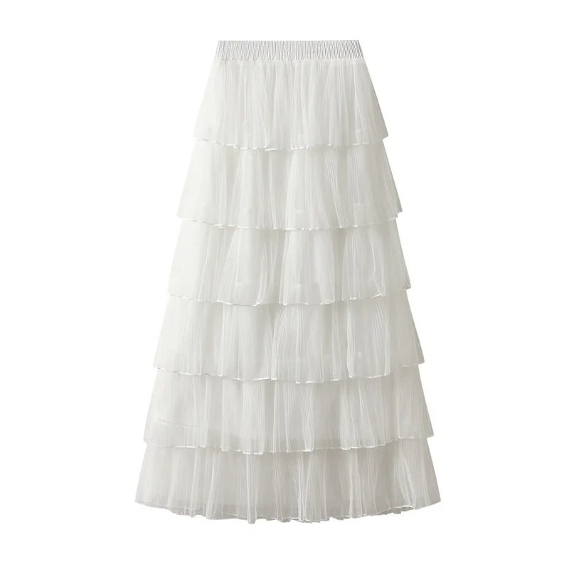 New Summer Korean Mesh Half Body MIDI Skirt Spring and Autumn Super Fairy Layered Cake Skirt Women's Knee Long Beach Skirt