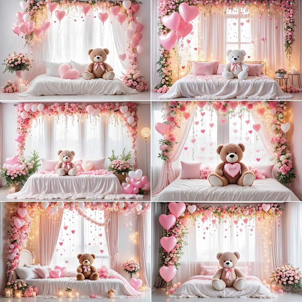 

MOON.QG Photography Backdrops Pink Bedroom Teddy Bear Photography Backgrounds Baby Party Photocall Decor Studio Photobooth Props