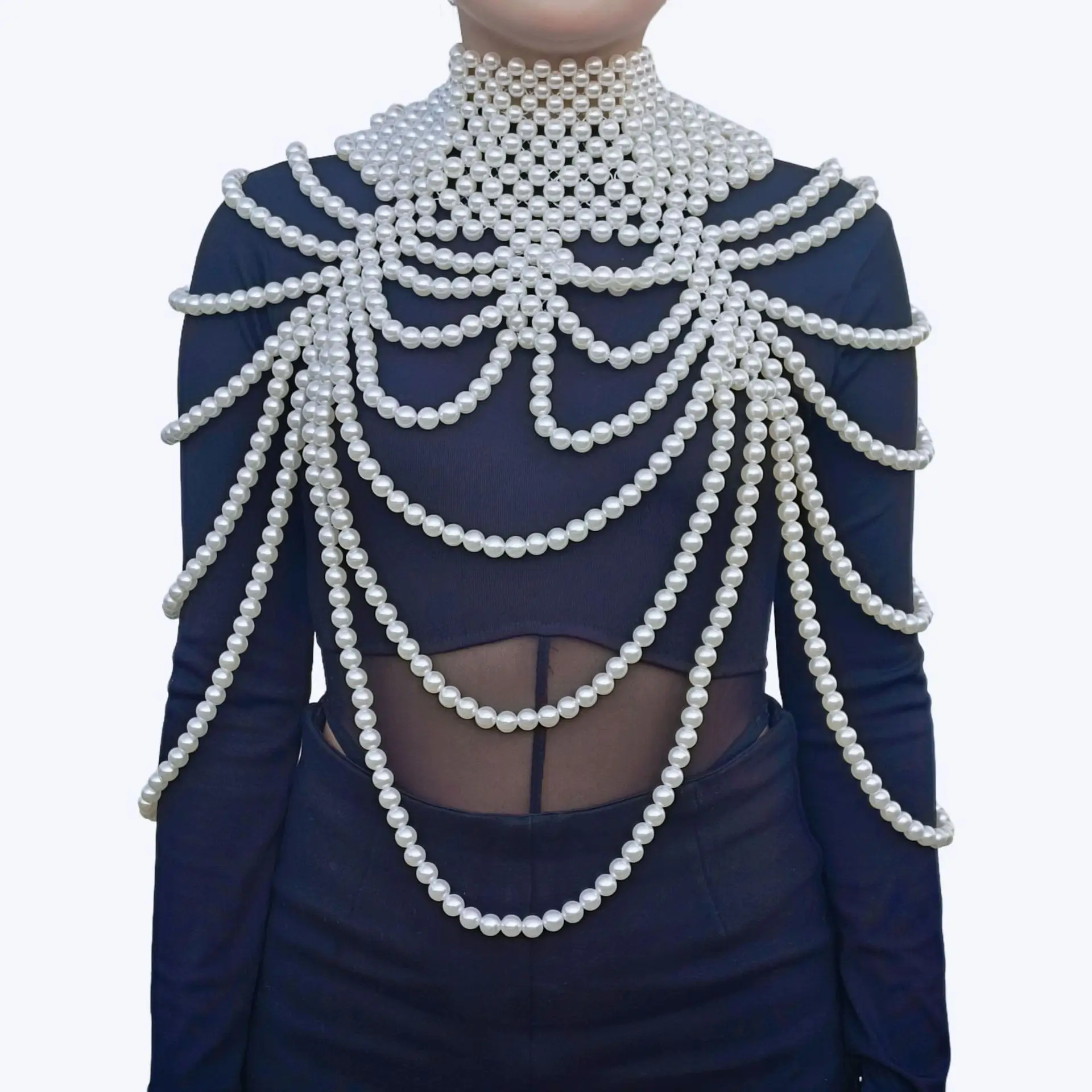 Royal High Neck Symmetric Wave Bead Shawl Statement Body Jewelry Hollow Out Elaborate Festival Stage Costume Over Collar
