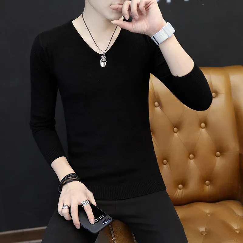 

Облегающий мужской свитер V-Ne, тонкий базовый слой, вязаный корейский свитер, чистый цвет, маленький размер, длинный топ для молодых мужчин