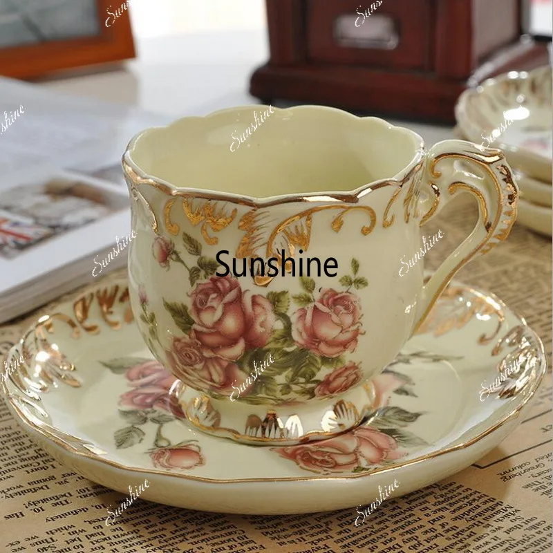

Pastoral Rose Bone China Tea Cup Saucer Spoon Set Europe Porcelain Coffee Cup 200ml Mug Tray Cafe Tumbler Party Drinkware