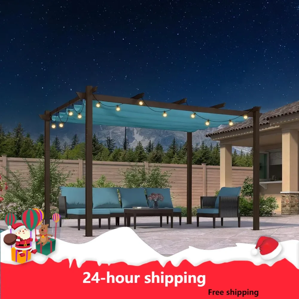 

10' X 13' Retractable Pergola Outdoor Aluminum White Pergola 24FT Bulbs String Lights with Sun Shade Canopy Patio