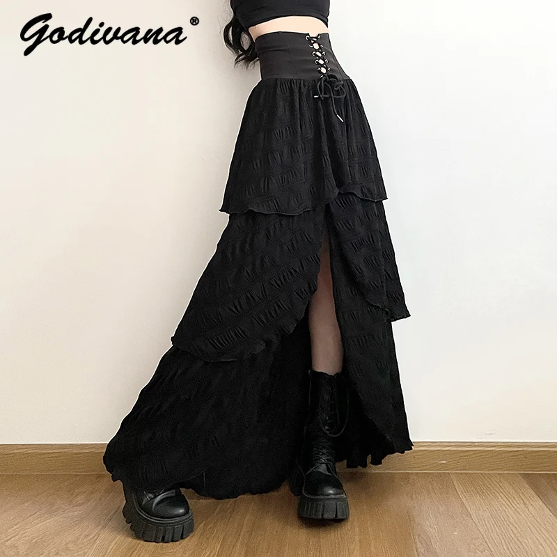 Streetwear Women's High Waist Black Strap Skirt All-match Spring and Autumn Split Fork Long Pleated Cake Skirt