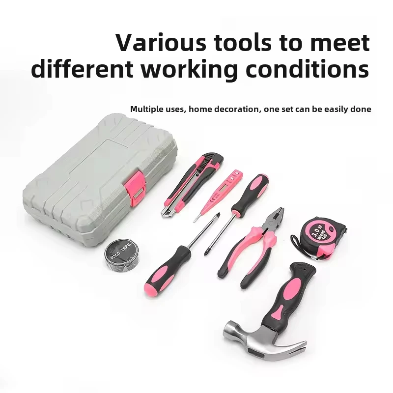 Wholesale Customized Logo 9pcs Multifunctional Household Hardware Set Household Maintenance Tool Set Pink Toolbox