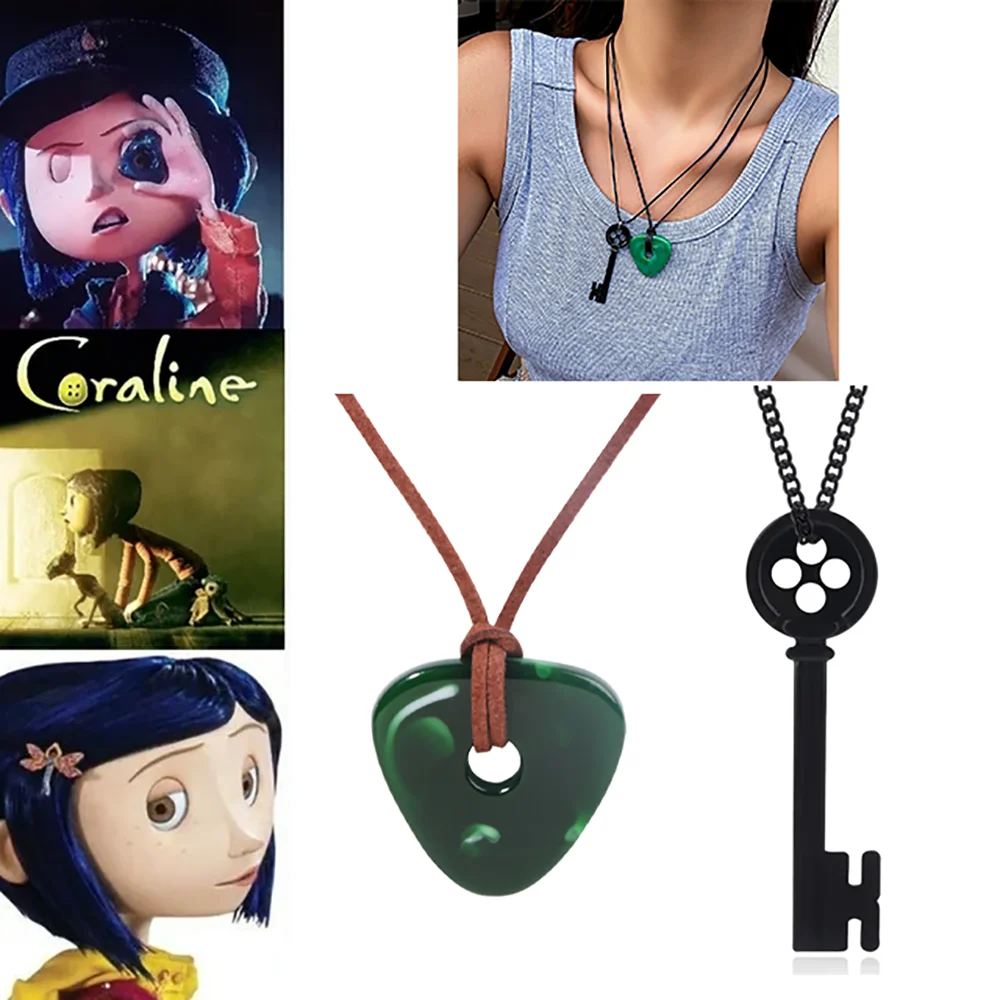 Horror Coraline Green Seeing Stone Necklace Black Key Pendant Necklaces For Movie Fans Cosplay Props Jewelry Accessories ﻿