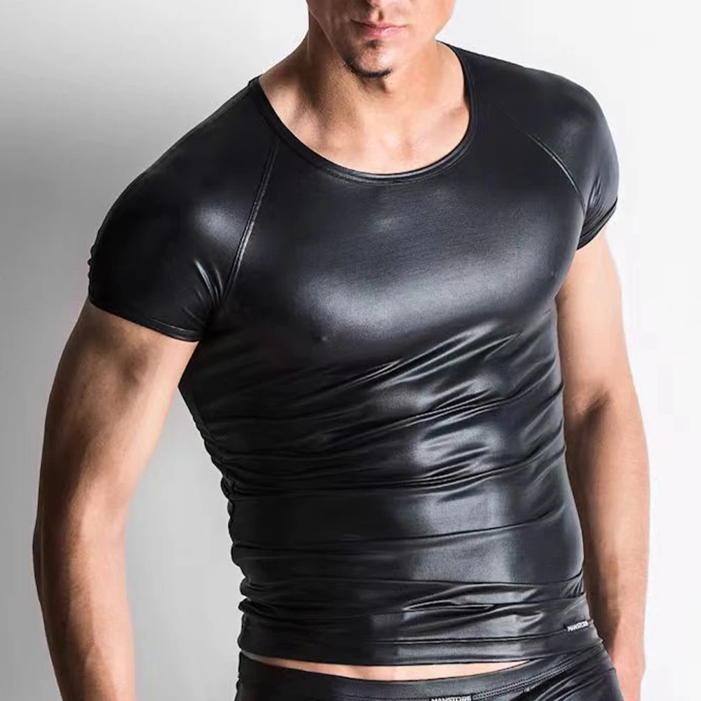 Men Faux Leather Tops Stretch Pu Leather Short Sleeve T-shirts Club Slim Bar Stage Performance Tee Shirt Elastic Tops Blouse