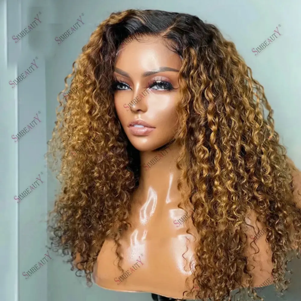 

Ombre Honey Blonde Afro Black Women Kinky Curly Human Hair Dark Roots 13x6 360 Lace Frontal Wigs with Baby Hair Remy Indian Hair