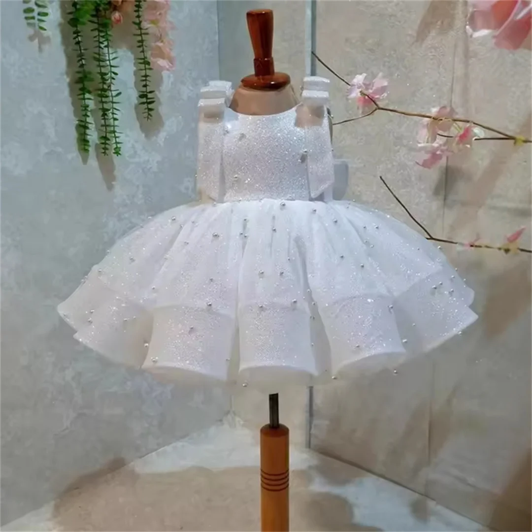 

Light luxury white wedding dress beads sequins sleeveless suspender cute sweet princess skirt one year old birthday party dress