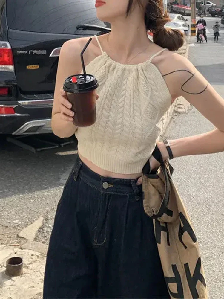 

New Fashion Y2K Retro Sleeveless Women's Neck Hanging Sexy Short Top Off Shoulder Knitted Camisole Short Outerwear Vest