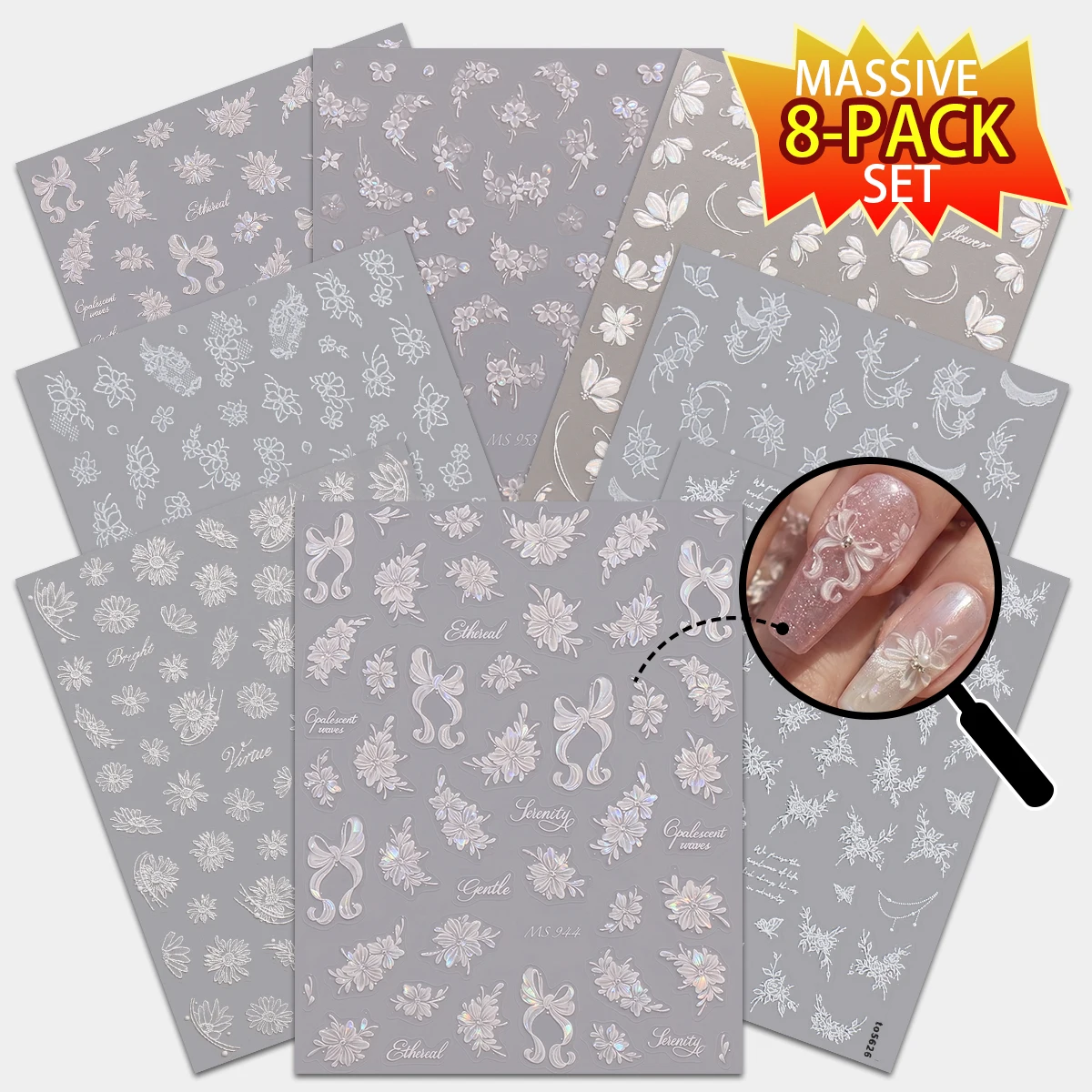 8 Sheets 5D Embossed White Flower Bow Ribbon Lace Elegant Wedding Autumn Music Festival DIY Nail Art Stickers Salon Supplies