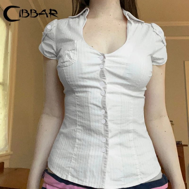 CIBBAR y2k Streetwear White Blouse Vintage Aesthetic Short Sleeve Button Up T Shirts Women Slim-fitting Cropped Top Casual Tees